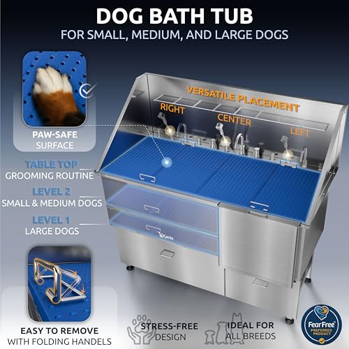 Professional Dog Washing Station 304 Stainless Steel Pet Wash Sink (Silver, Right Ramp, 2 Drawer / 61 Inches)