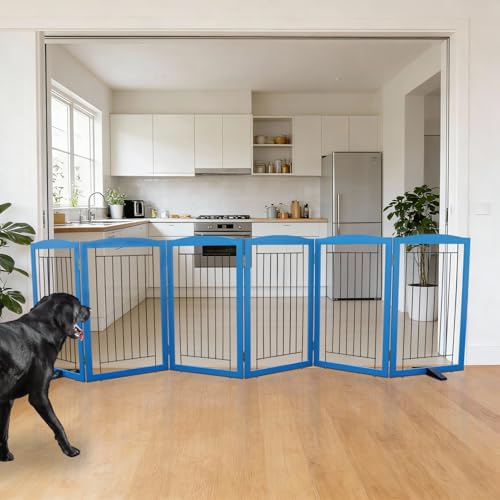 Freestanding Dog Fence Indoor (【6 Panels】120''w x 32''h / Blue)