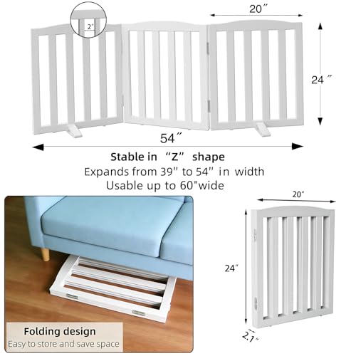 Foldable Freestanding Indoor Dog Gate for House Wood White Long Pet Gates Dog Fence for Stairs Puppy Gates for Hallways (White / 【3 Panels】60''w X 24''h)