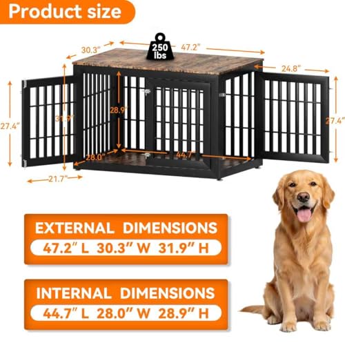 48" Heavy Duty Dog Crate Furniture for Large Dogs (47.2"L x 30.3"W x 31.9"H / Black+Brown)
