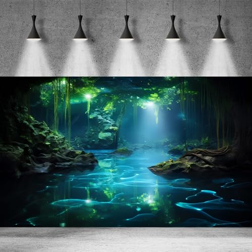 Cave Aquarium Background Underwater Cave with Light Beam Tranquil Stream Terrarium Background Mysterious Elegant Fantasy Tropical Plants Fish Tank Backdrop Wallpaper Poster Decorations Vinyl 72x16in (72(W)x16(H)in / Green)