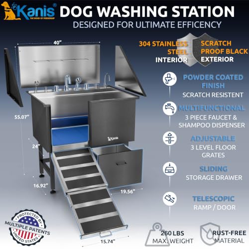Professional Dog Washing Station 304 Stainless Steel Pet Wash Sink (Black, Left Ramp, 1 Drawer / 40 Inches)