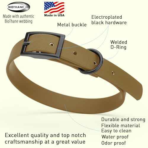 Biothane Waterproof Dog Collar Strong Coated Nylon Webbing with Black Hardware Odor (W5/8" x L12-15" / Coyote Brown)