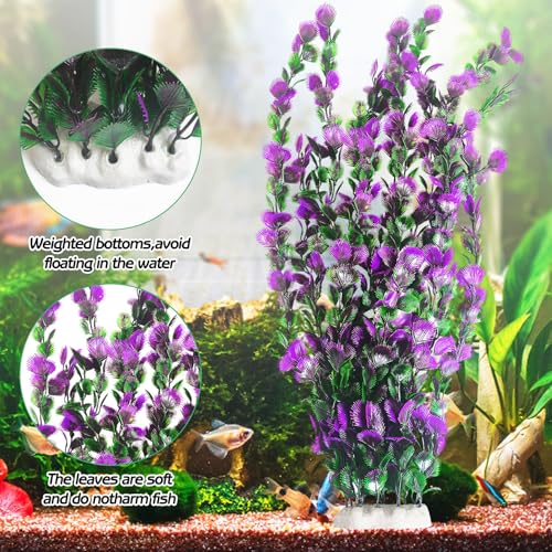 Purple Green Serrated Leaf Tall Aquarium Plastic Plants Artificial Fish Tank Plant Aquarium Decor Extra Large Lifelike Aquatic Plant Suitable for Saltwater and Freshwater 27.5 (B*2 Pcs / 27.5 in)
