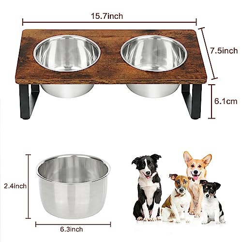 Elevated Dog Bowls for Small Medium Wood Dogs Raised Bowl Stand with 2 Stainless Steel Deep Dog Food and Water Bowls (Walnut-Small&Medium)