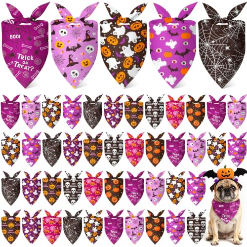 50 Pcs Halloween Dog Bandanas Bulk for Small Dog Lover Gifts (Ghost Pattern / 19.7 x 13.8 x 13.8 Inch)