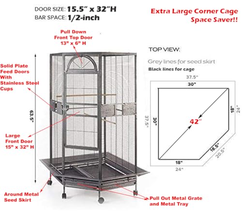 X Large Corner Parrot Bird Flight Breeding Wrought Iron Rolling Cage Solid Plated Feeder Doors with Around Metal Seed Guard (30" x 30" x 64"H / Black Vein)