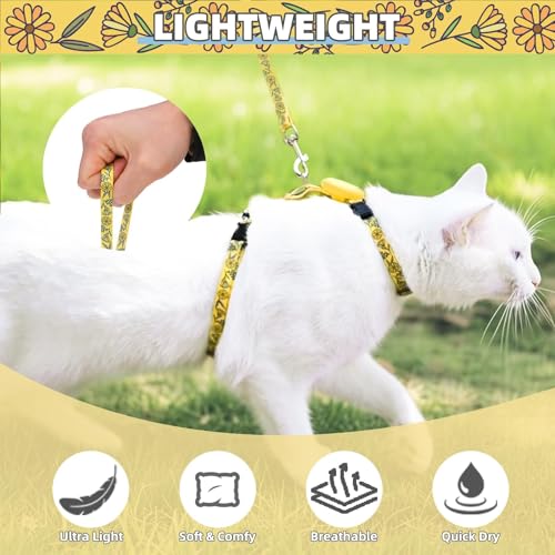 Adjustable Cat Harness and Leash Set Escape Proof Kitten Strap Collar for Walking Travel (Medium / Yellow(Floral))
