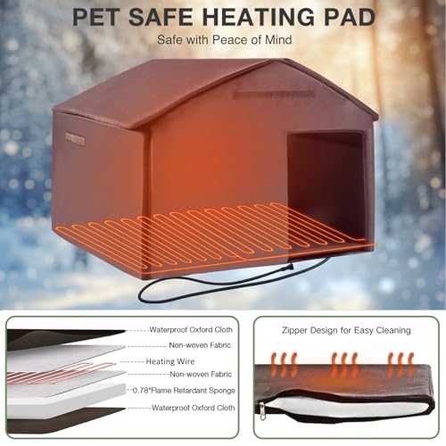 Heated Dog House Outdoor with Bowls Weatherproof Dog Kennel with Heating Pad Anti