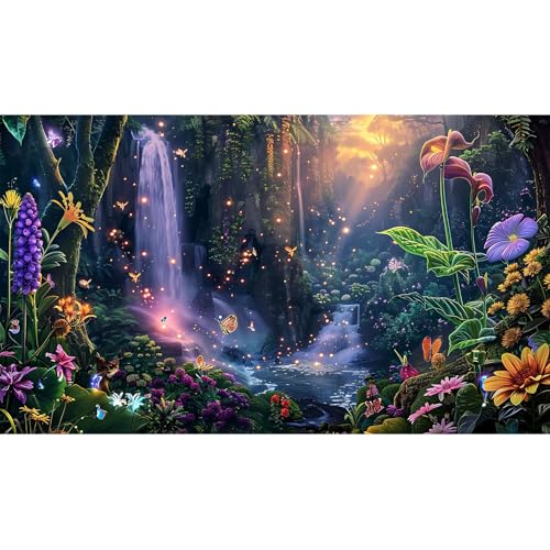 Fantasy Garden Aquarium Background Sunset Waterfall and Flowers Terrarium Backdrop Tropical Forest Lush Plant Magic Butterfly Lights Flowers Fish Tank Background Poster Decorations 30x12in (30(W)x12(H)in / Purple)