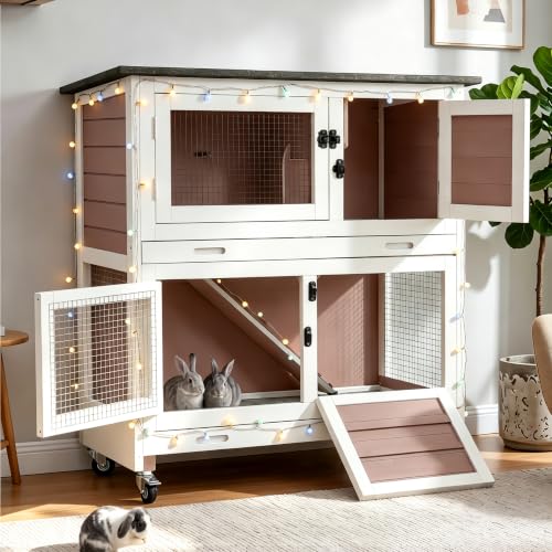 36" 2 Story Wooden Rabbit Hutch with Chew ((Brown-AIR77))
