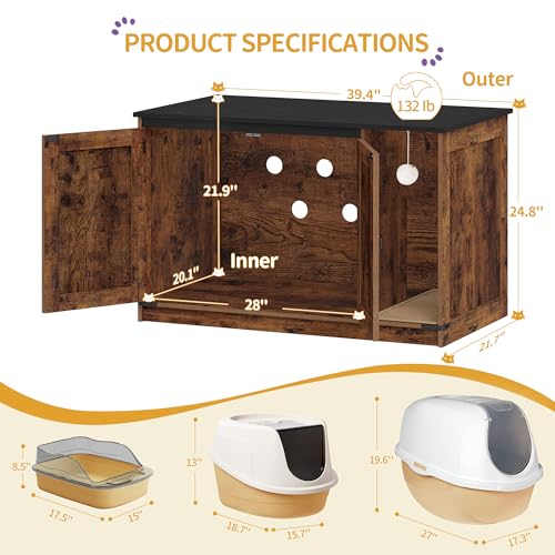 Cat Litter Box Enclosure (39.4"L x 21.7"W x 24.8"H / Rustic Brown and Black)
