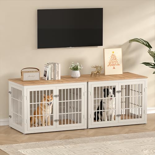 38" Heavy Duty Dog Crate Furniture for Large and Medium Dogs (White + Natural / 38.3"L x 25.4"W x 27.7"H)
