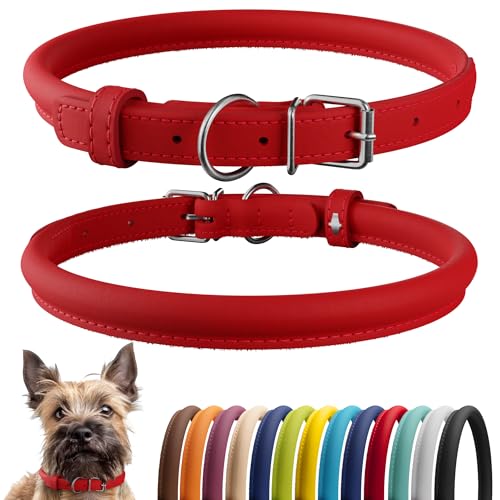 Tangle Free Rolled Leather Dog Collar (Red / XS)