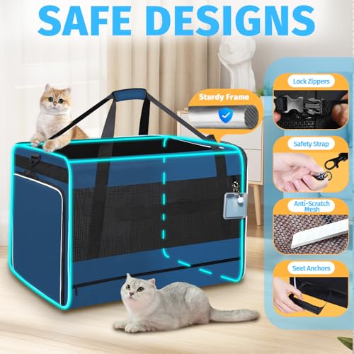 Side Expandable Extra Large Cat Carrier with Litter Box and Wheels (Prussian Blue with wheels)