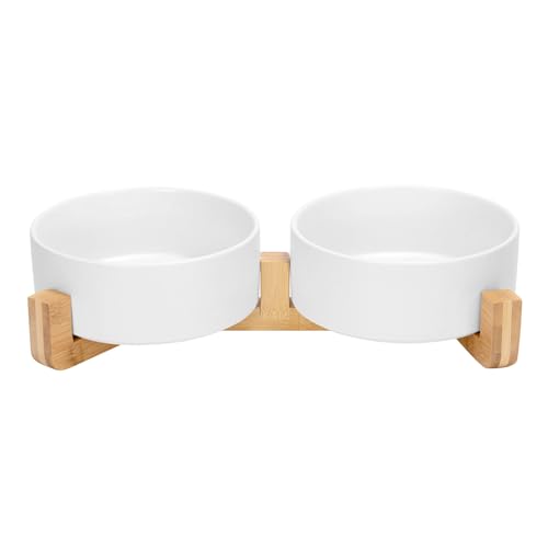 Ceramic Dog and Cat Bowl Set with Wooden Stand (5 cups / White × 2)
