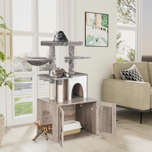 Cat Litter Box Enclosure with Tree Tower and Condo (Grey)