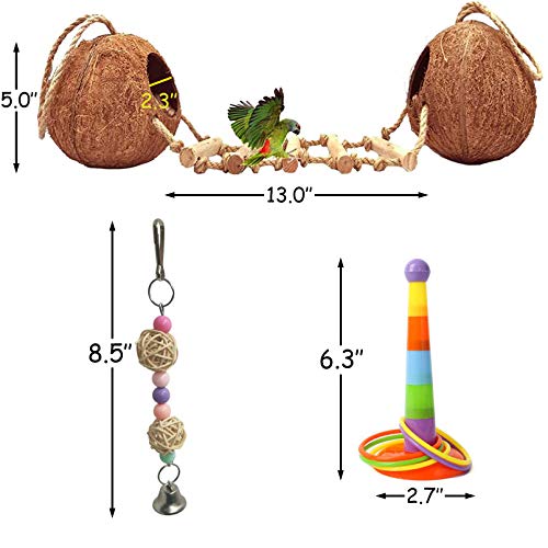 5PCS Bird Hides Coconut Nest with Ladder Perches Hanging Parrot House Cage Natural Coconut Fiber Parakeet Chewing Toys Intelligence Training Rings for Small Budgies Cockatiels