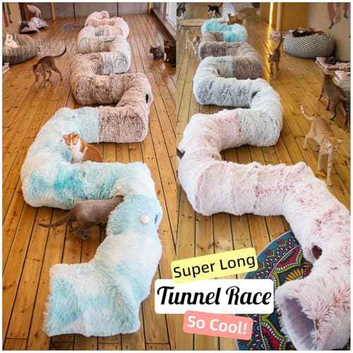 4 Cave Shuttled XL Cat Tunnel Bed for Indoor Cats Peekaboo Toy Donut with Warm Mat (White)