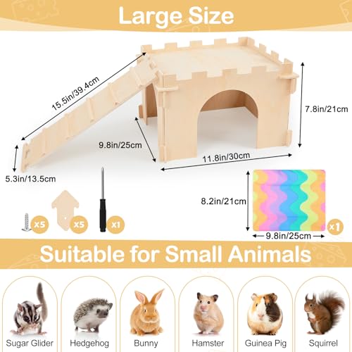 1 Pack Wooden Guinea Pig Hideout House with Stairs & Mats (1 House / Wood Color)