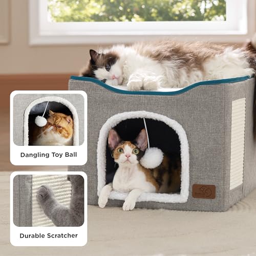 Cat House Bed for Indoor Cats with Fluffy Ball and Scratch Pad (Blue / Single)