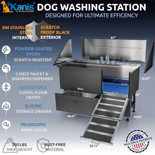 Professional Dog Washing Station 304 Stainless Steel Pet Wash Sink (Black, Right Ramp, 2 Drawer / 61 Inches)
