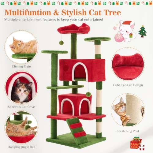 54 inch Cat Tree Tower with Scratching Posts (Red & Green / 54IN)
