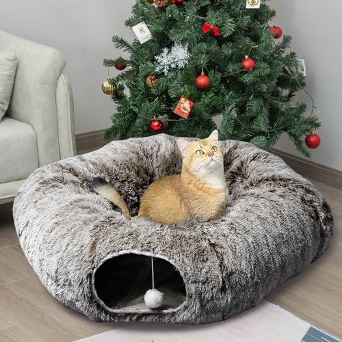 Plush Cat Tunnel Bed for Indoor Cats (Brown)