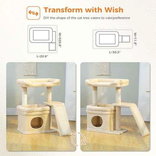 Small Cat Tree Tower for Indoor Cats with Large Perch (Beige / L Plus(19.3"L x 12.2"W))
