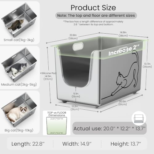 Stainless Steel Cat Litter Box (SILVER-Line Art / 20"L x 12.2"W x 13.7"H)