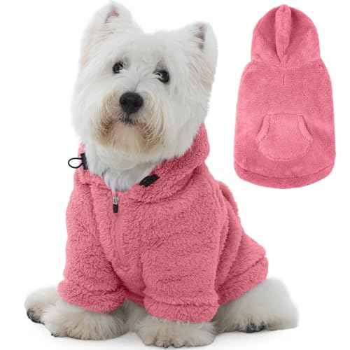 Fuzzy Dog Sweater with Adjustable Hood & Harness Hole (Small / Pink)