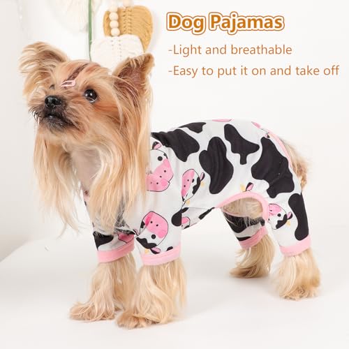 Dog Pajamas Small Sized Dogs Stretchable Summer Dog Clothes Pjs 4 Legs Girl Boy Cute Soft Puppy Outfits Doggie Cat Jammies Jumpsuit Sleeper for Pet (Pink Cow / X-Small (Chest 11in ))