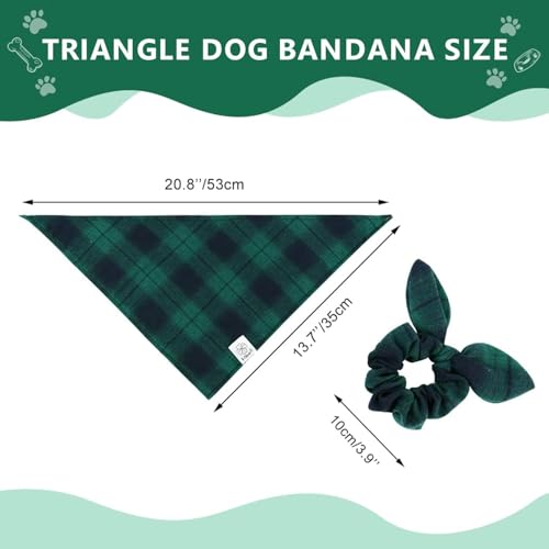 Dog Bandanas & Matching Scrunchie Set Plaid Dog Bibs Scarf Boy Triangle Kerchief Bandana for Small Dogs Puppy Birthday Gifts Pet Owner Mom Green Fall (02-plaid-green / Small)