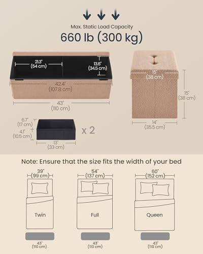 Large Folding Storage Ottoman Bench (Camel Brown / 15"D x 43"W x 15"H / Cosy)