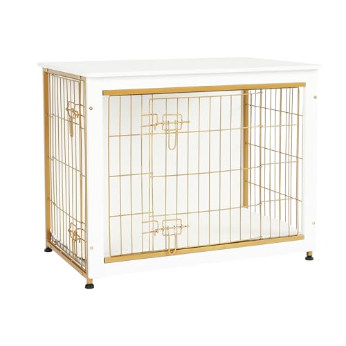 32.5" Dog Crate Furniture with Cushion (White+Gold / 32.5"L x 21.9"W x 25.6"H)