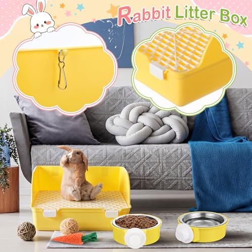 15 Pcs Rabbit Starter Kit Small Rabbit Litter Box Girls Gift Animal Grooming Kit Bunny Toys Bowl Blankets with Cleaning Set for Guinea Pig Accessories (Yellow)