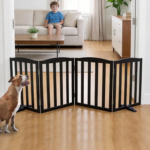 Foldable Freestanding Indoor Dog Gate for House Wood Long Pet Gates Dog Fence for Stairs Puppy Gates for Hallways (Black / 【4 Panels】80''w X 24''h)