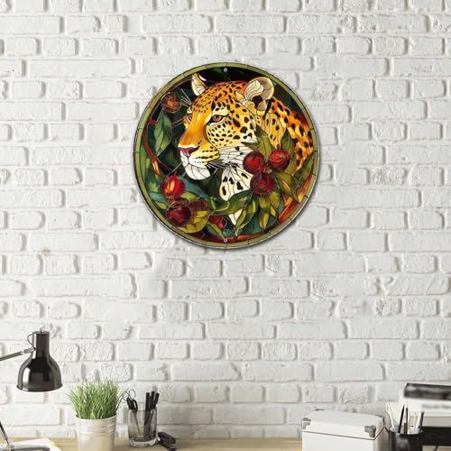 Metal Sign Tin Sign Circular Stained Glass Leopard Bathroom Signs for Home for Club 12×12 Inches (12×12 Inches / Leopard-3)