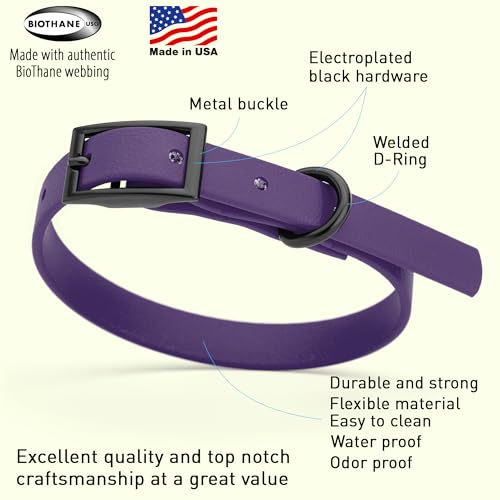 Biothane Waterproof Dog Collar Strong Coated Nylon Webbing with Black Hardware Odor (W1/2" x L9-12" / Violet Purple)