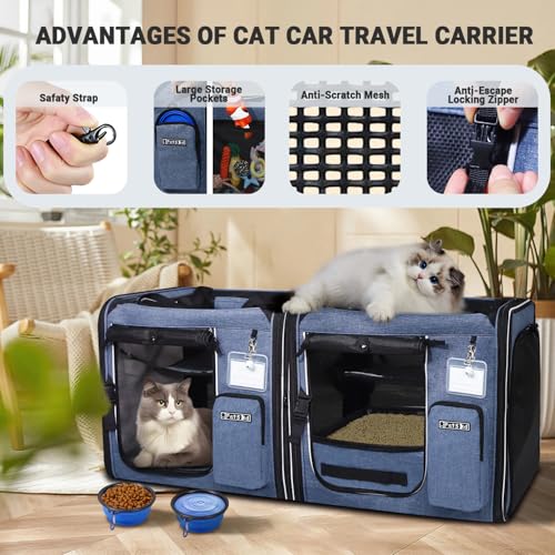 2 in 1 Double Cat Car Travel Carrier with Litter Box (Blue / 38.0"L x 17.0"W x 18.0"H)