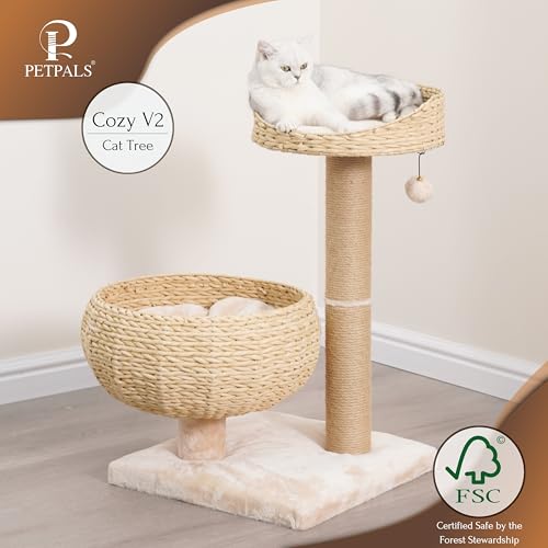 3 Level Handwoven Paper Rope Cat Basket Bed and Perch with Scratching Post (Light Brown)