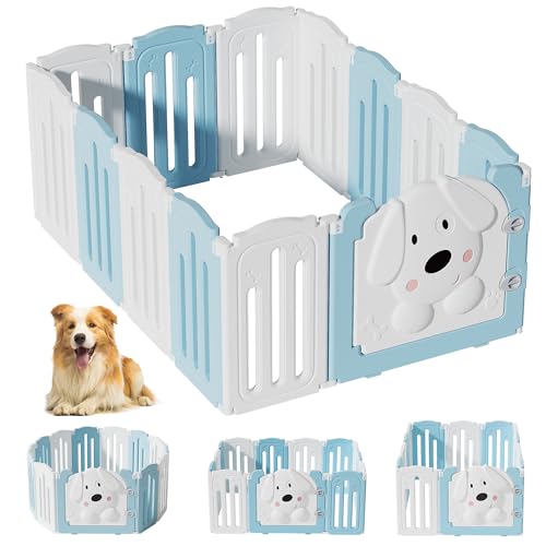 Foldable Puppy Play Pen Indoors with Cute Dog Pattern Door (blue&white / 12 Fence Panels+1 Door)