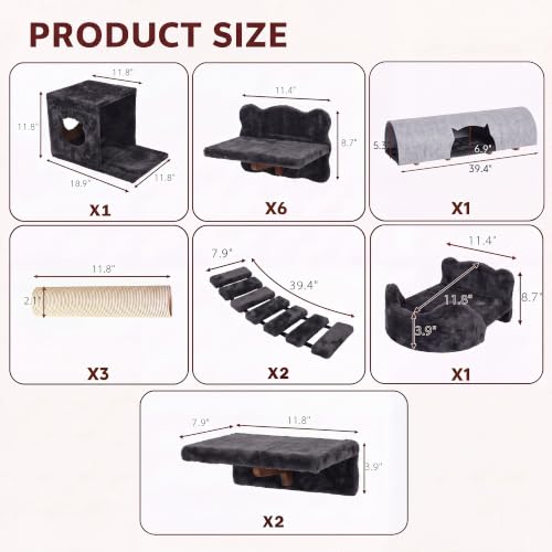 16-in-1 Cat Wall Shelves, Cat Furniture w/Tunnel & Bridge, Grey (Grey / 16-in-1)