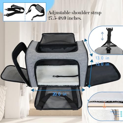 Dog Cat Carrier Pet Carriers for Large Cats Small Dogs Carrier Soft Sided Puppy up to 25Lbs Dog Carrier Portable Foldable Dog Cat Travel Carrier (20.0"L x 13.0"W x 13.0"H / Grey&Black)