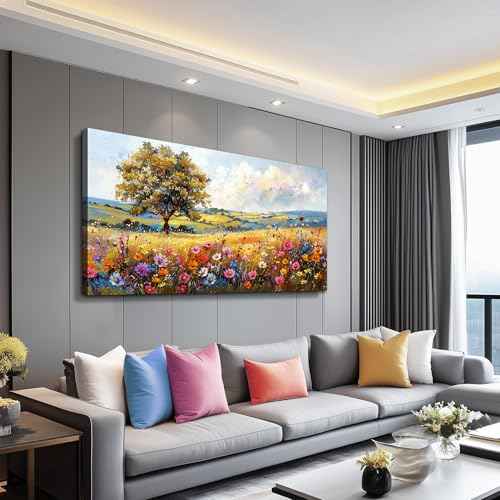 Canvas Wall Art For Living Room Wall Decor For Bedroom Office Decorations Field Pictures Artwork Flower Scenery Watercolour Wall Paintings Aesthetic Room Home Decor Ready to Hang (40"L x 20"W / Field Landscape)
