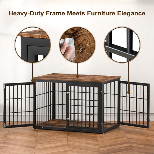 46" Heavy Duty Dog Crate Furniture for Large Dogs (Black + Rustic Brown / 46.0"L x 29.1"W x 31.1"H)