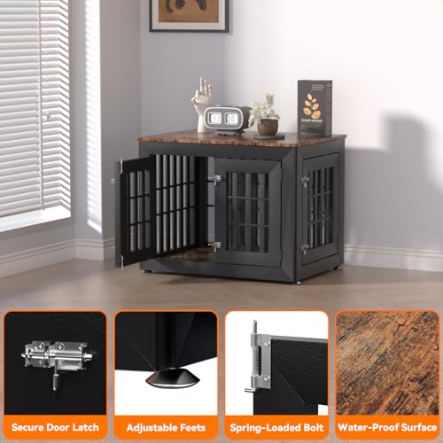 32" Heavy Duty Dog Crate Furniture for Small (32.7"L x 24.4"W x 25.8"H / Black+Brown)