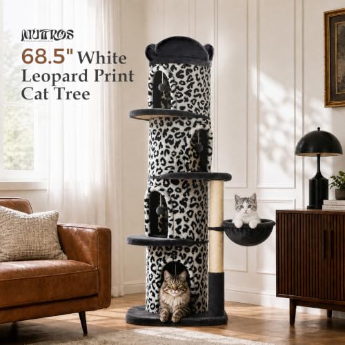 68.5" White Leopard Print Cat Tree Tower with 4 Condos (White Leopard Print / 69" Forest Cat Tree)