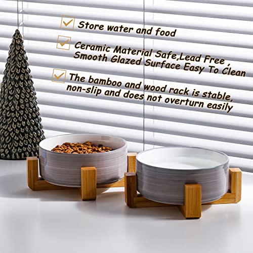 Ceramic Cat Dog Bowl Set with Stand (Grey White / Medium Size Dog Bowls 850ML*2)