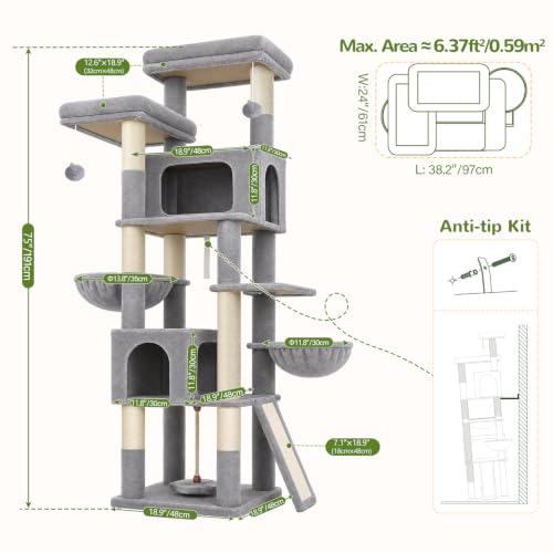 75in Tall Cat Tree Tower for Indoor Cats (Light Grey / 75 inch)